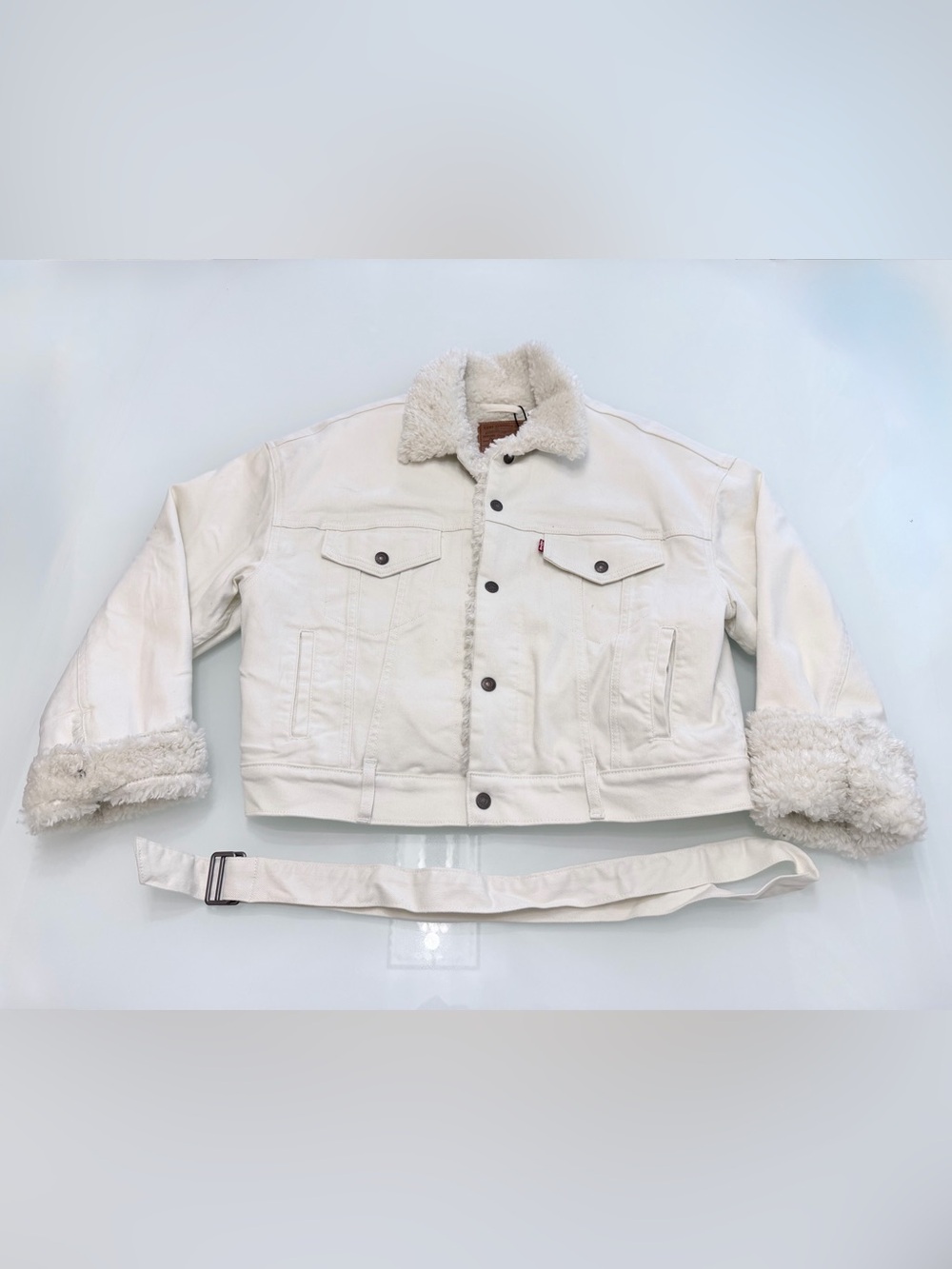 NWT Levi's Premium Cozy Cocoon Sherpa Trucker Jacket Off White Cream Belted Sz M
